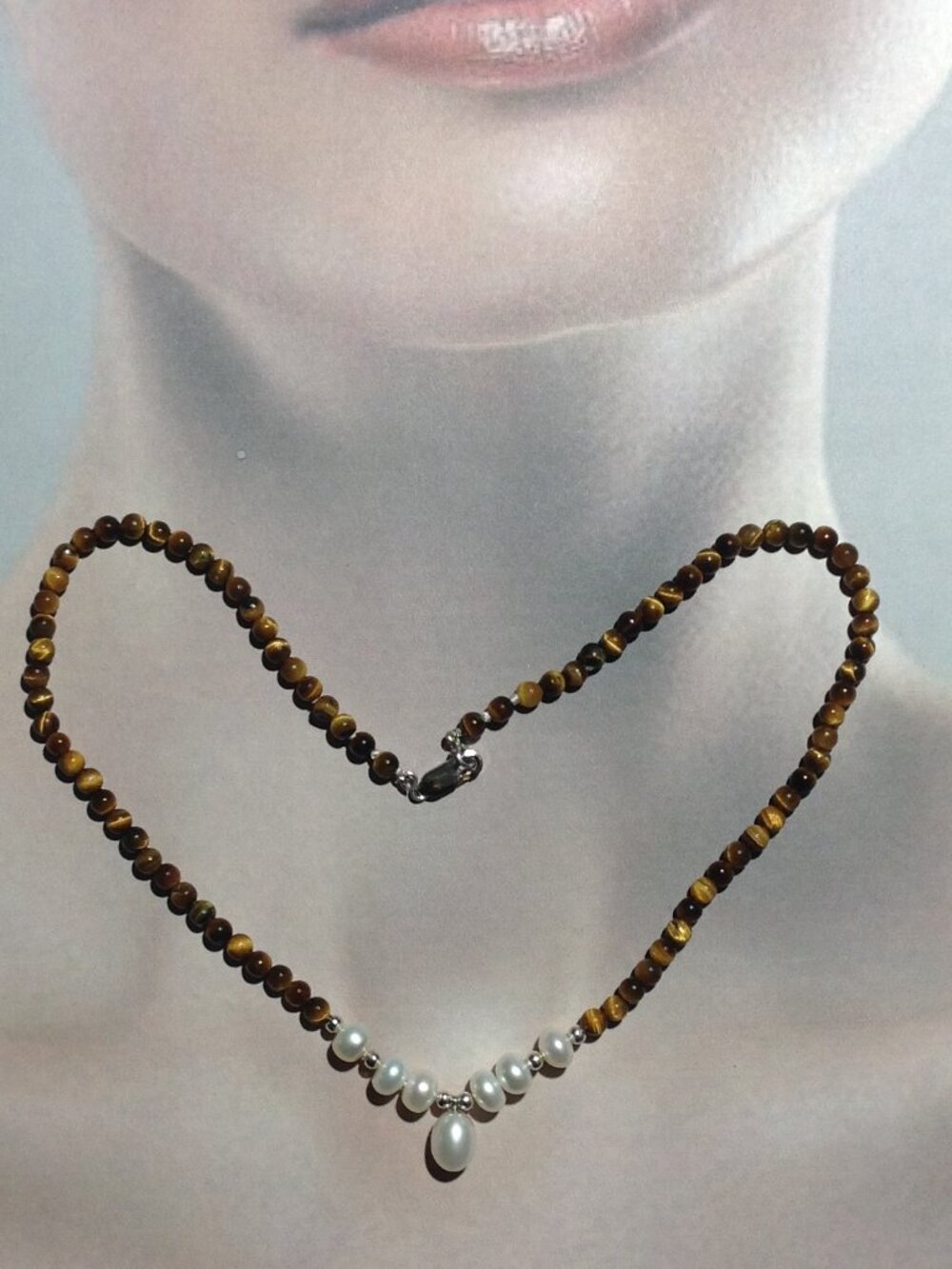 Natural Tiger-Eye Beads and Freshwater Pearl Necklace.